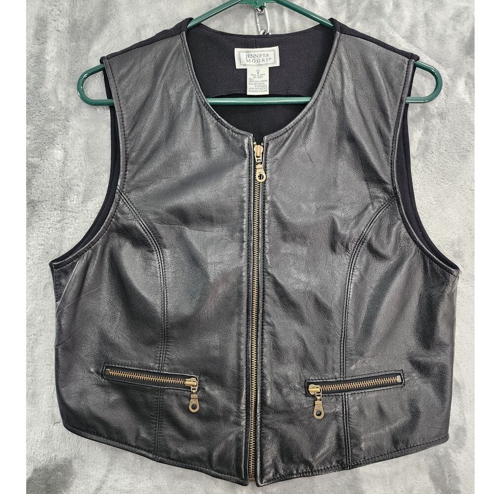 Vintage Jennifer Moore Vest Women 8 Black Leather Full Zip Knit Back Moto Rocker
